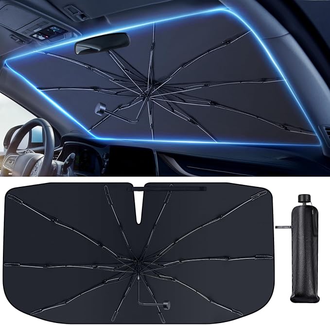 Pleneal Windshield Sun Shade Umbrella, 55" x 31" Foldable Car Sun Shade | 55" x 31", Titanium Silver Reflective Material, Bendable Shaft, High Tenacity Ribs, One-piece Opening Design, Storage Bag - Image 2