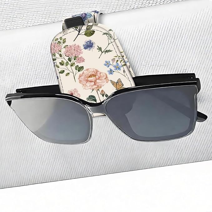 Leather Magnetic Sunglass Holder for Car Sun Visor, Cute Eyeglass Ticket Card Hanger Clip, Universal Auto Interior Accessories for SUV Pickup Truck, Wildflower Floral by Unknown