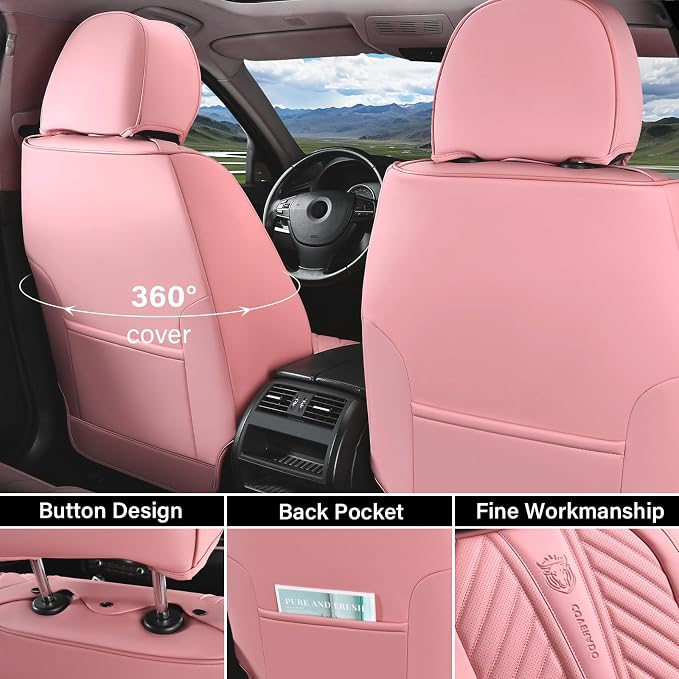 Coverado Seat Covers Front Seats, Car Seat Cover Protector with Lumbar Support, Waterproof Car Seat Cushion, Leather Seat Covers Carseat Cover Universal Fit for Most Cars，Pink - Image 2