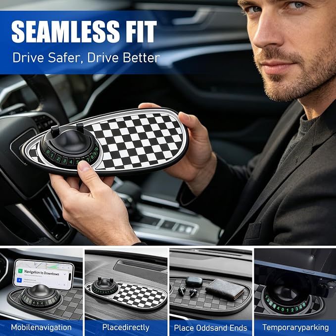 Multifunctional Car Anti-Slip Mat, Rotatable Car Anti Slip Mat Phone Holder | Universal Dashboard Pad with Temporary Parking Number, Dashboard Accessories for Sunglass Chapstick (Black White) - Image 6