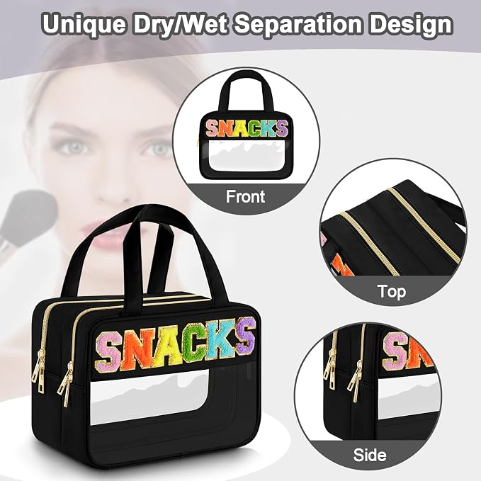 Clear Snack Bag, Zipper Travel Organizer Pouch Chenille Letter | Extra Large Capacity, Waterproof Easy Clean, 2 Separate Compartments, Ideal for Beach Gym Picnic, Office and Daily Carry - Image 4