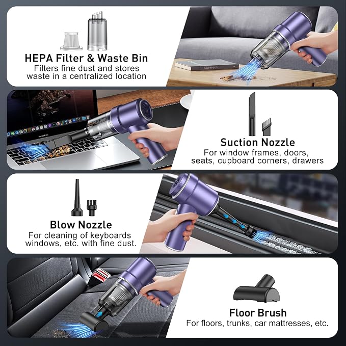 KMM Handheld Car Vacuum Cleaner, Hand Held Vacuum Cleaner & Air Duster | 9000PA Strong Suction, 120W High Power, Portable, Cordless, Rechargeable, Multi-Nozzles & LED Light, For Home, Car, Office - Image 4