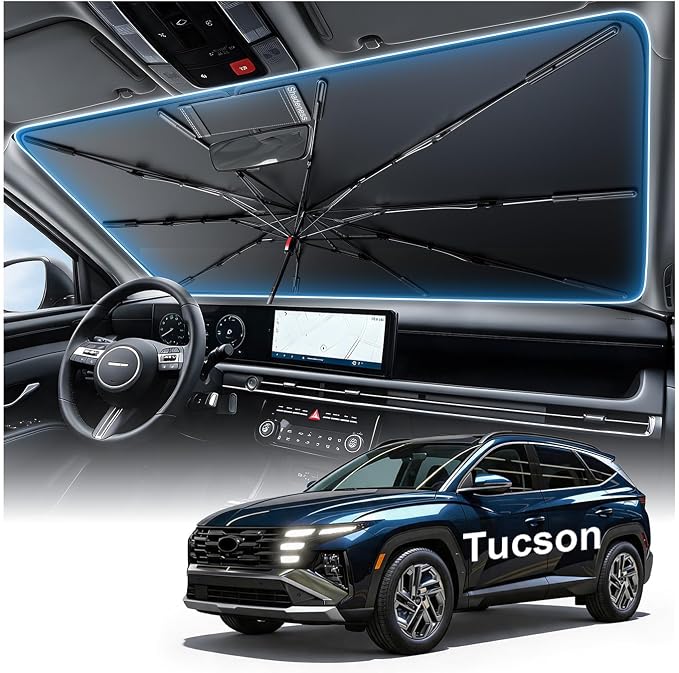 2026 Upgraded Windshield Sun Shade Umbrella for Hyundai Tucson [Precision Custom Fit, Superior UV & Heat Block] Cooling Tech Fabric, Durable Foldable with Storage Bag, Fits 2005-2026 by Unknown