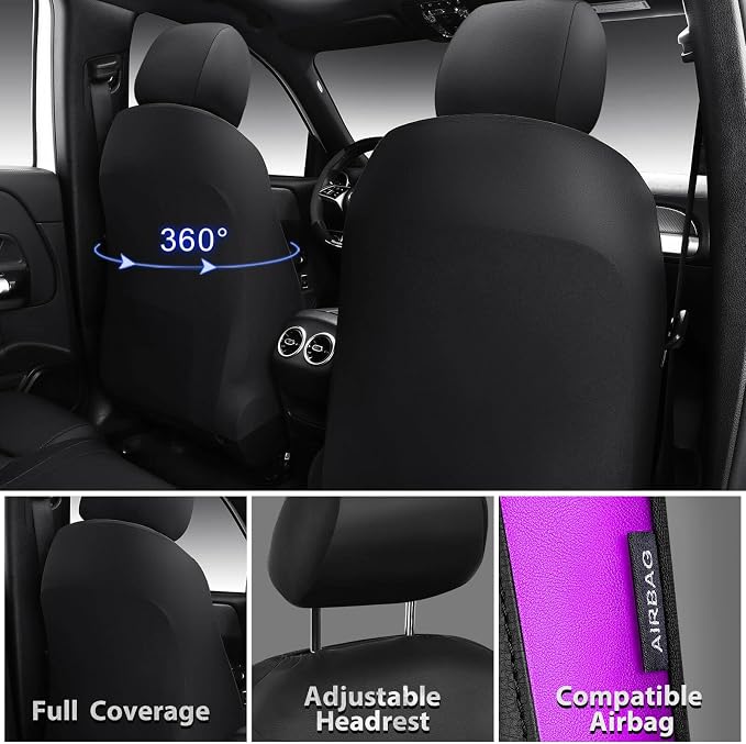 CAR PASS Memory Foam Car Seat Covers,Air Cool Mesh Thick Seat Covers Front Seats,Purple Metal Film Leather Seat Cover for Car,Universal Comfort for Most Car,Truck,Airbag Compatible,Black Purple - Image 3