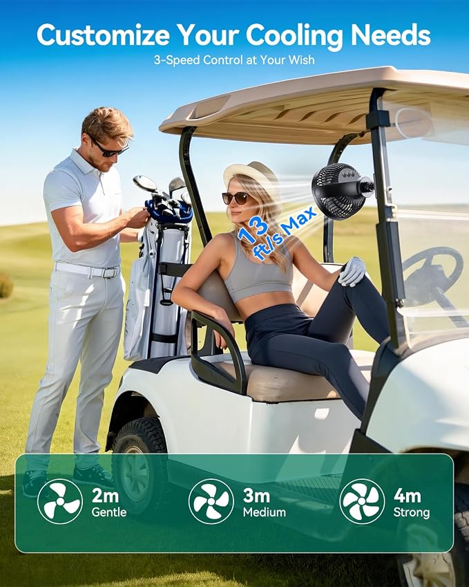 Magnetic Golf Cart Fan Rechargeable,10000mAH Battery Operated Portable Fan with 3 Speeds,30H Working Time,LED Lantern,360° Rotatable Head, Fits EZGO/Club Car/Golf Cart - Image 5