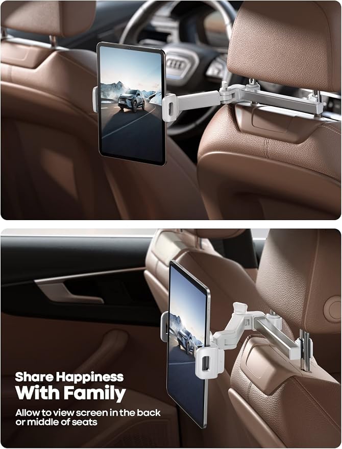 Lamicall Car Headrest Tablet Holder, 3 in 1 Extension Adjustable Arm | Tablet Car Mount for Back Seat, Road Trip Essentials for Kids, for 4.7-11" Devices, iPad Pro Air Mini, Galaxy, Fire HD, White - Image 3