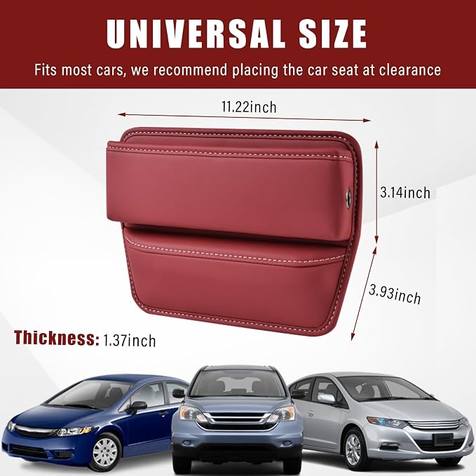 Ziciner Car Seat Gap Organizer, Premium Leather Auto Seat Storage Box, Vehicle Adjustable Front Seat Gap Filler, Car Seat Side Pocket Organizer for Phones, Glasses, Keys, Money, Cards (Red) - Image 2