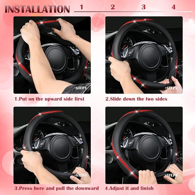 CAR PASS Bling Diamond Black Leather Steering Wheel Cover, Studded Crystal Rhinestones Universal Fit 14" 1/2-15" Glitter for Women Sparkle Girl Fit Suvs,Vans,Sedans,Car,Trucks, Red Diamond - Image 6