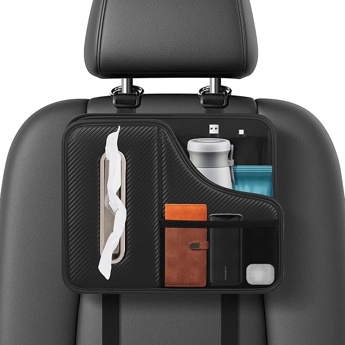 Car Tissue Holder,Back Seat Organizer with Cup Holder,Multifunctional Car Headrest Seat Back Storage,Snack Organizers for Kids,Large Tissue Box Cover Fit for 100-130 Regular Size Tissues by Unknown