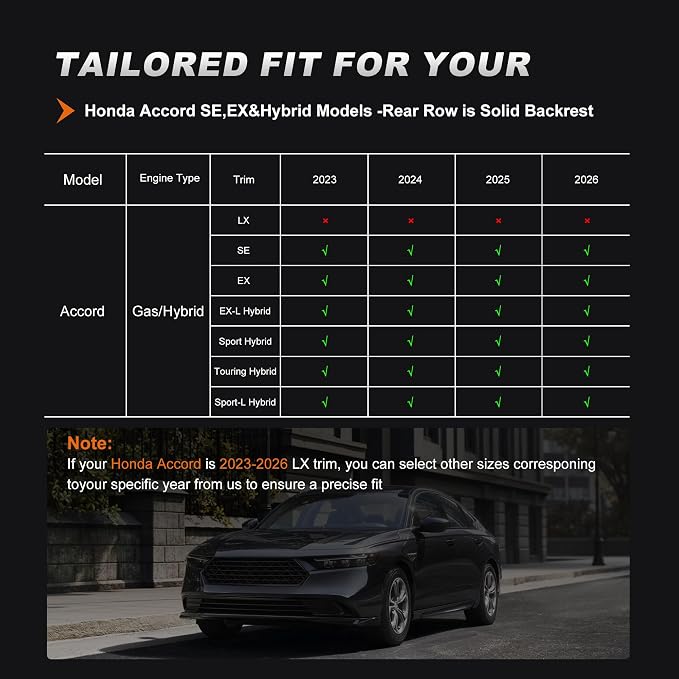 AOMSAZTO Custom Fit Seat Covers for Honda Accord 2023 2024 2025 2026 | EX,EX-L,Hybrid,Sport,Touring(RearRow W/40/60 Split Backrest)Full Set Faux Leather Compatible Airbag Seat Protector Black&Gray - Image 3