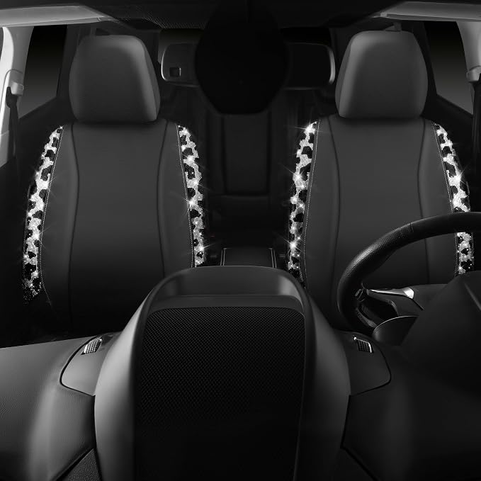 CAR PASS Cow Diamond Leather Bling Car Seat Covers Universal, Faux Shining Rhinestones Two Front only, Fit 95% Automotive Glitter Crystal Sparkle Strips for Cute Women Girl, 2PCS Cow Silver Diamond - Image 8