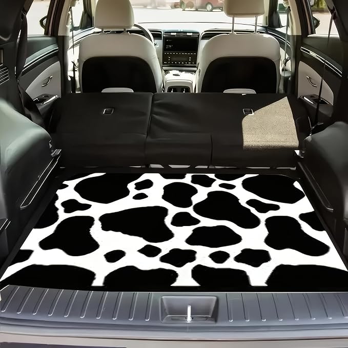 Universal Car Trunk Mat 29" x 39", Black White Cow Print All Weather Trunk Protection Cargo Liner, Durable Cargo Mat Rear Trunk Liner, Stylish Vehicle Interior Accessories Suitable for Most Car Models by Unknown