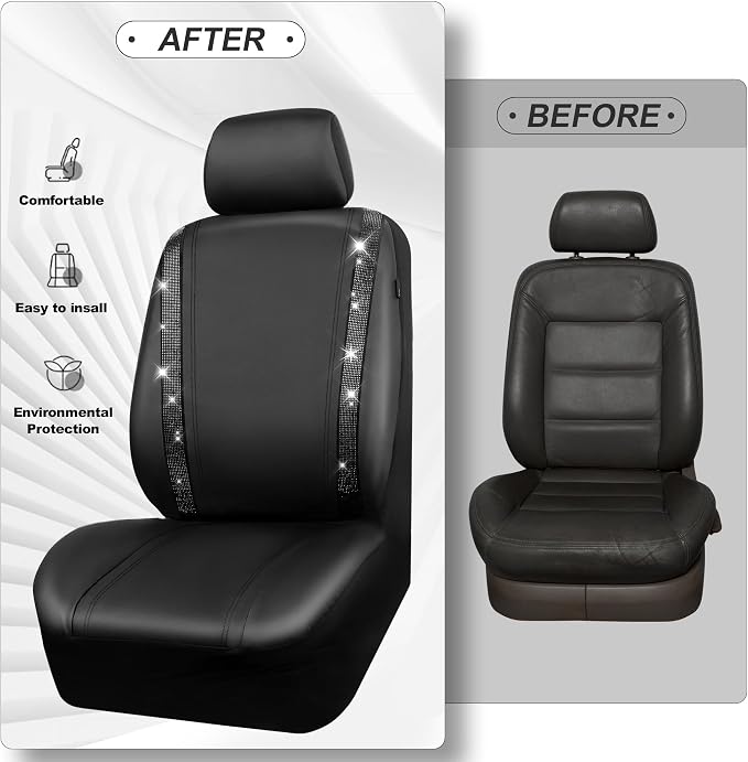 CAR PASS Leather Bling Diamond Car Seat Covers 2 Front Interior Sets, Waterproof Universal Shining Glitter Crystal Sparkle Fit for 95% Automotive Truck SUV Cute Women Girl, Black Rhinestone - Image 5