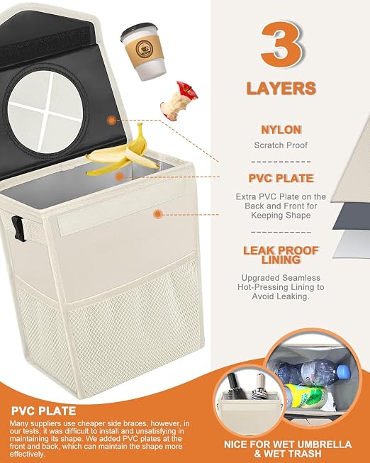 Pritent Car Trash Can with Lid Leakproof Car Garbage Bag Vehicle Trash Bin | Hanging Automotive Garbage Can,Multipurpose Car Accessories for Women Men Interior Car Storage Organizer(4 Gal,Beige) - Image 3