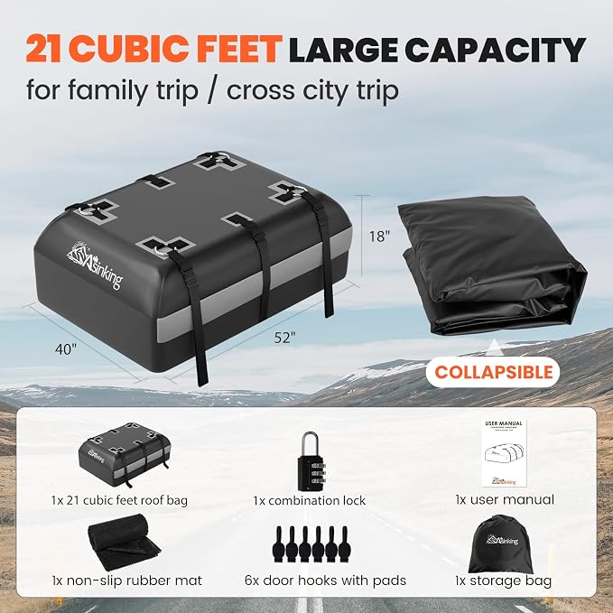 Car Rooftop Cargo Carrier Bag - 100% Waterproof Heavy Duty Car Roof Luggage Carrier 21 Cubic Feet, Fits All Vehicles with/Without Roof Rack - Easy Install & Triply Reinforced for Secure Use - Image 5