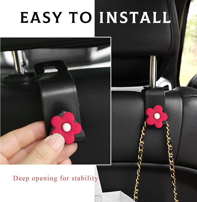 Yourkar 4 PCS Car Seat Headrest Hook, Plastic Headrest Hooks with Adhesive Flower, Auto Back Seat Hanger Storage Hook for Grocery Bag Purse Handbag Umbrella, Car Accessories (Red) - Image 4
