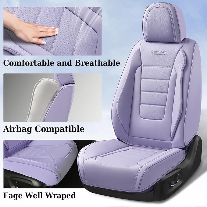 Coverado Car Seat Covers Front, Seat Covers for Cars, Waterproof 2-Pack Car Seat Cushions, Leather Carseat Seat Protectors, Universal Seat Covers Fit for Most Sedans SUV Pick-up Trucks(Purple) - Image 4