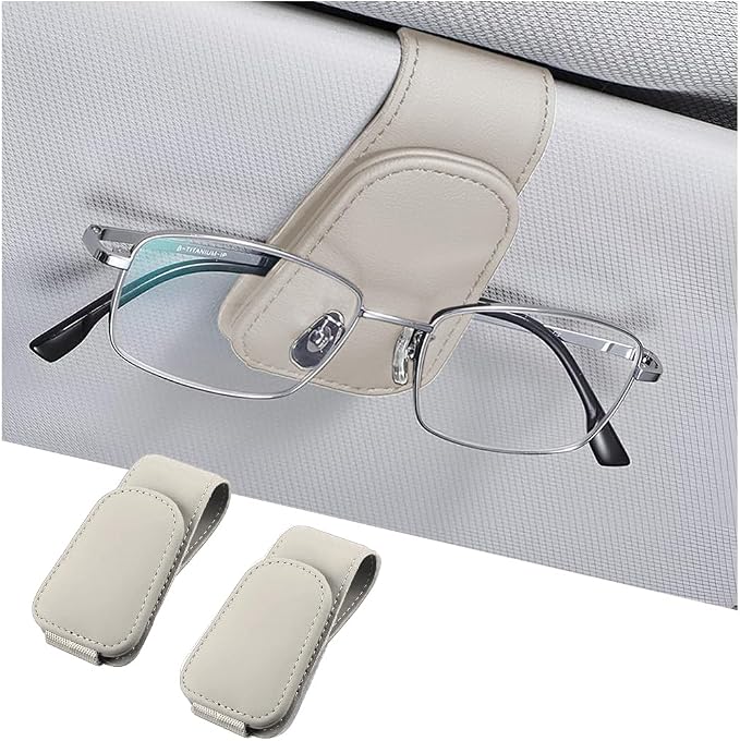 AICEL 2PCS Sunglasses Holders for Car Sun Visor, Magnetic Clip, Light Beige | Leather Eyeglasses Hanger Mounter, Magnetic Glasses Holder and Ticket Card Clip, Car Accessories, Universal Fit by AICEL