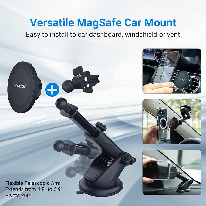 PROfezzion Car Windshield Magnetic Phone Mount Holder for MagSafe iPhones | Telescopic Arm, on Car Windshield Dash or Vent, Length & Angle Adjustment, for iPhone 17 16 15 14 13 Pro Max & All Phones - Image 3