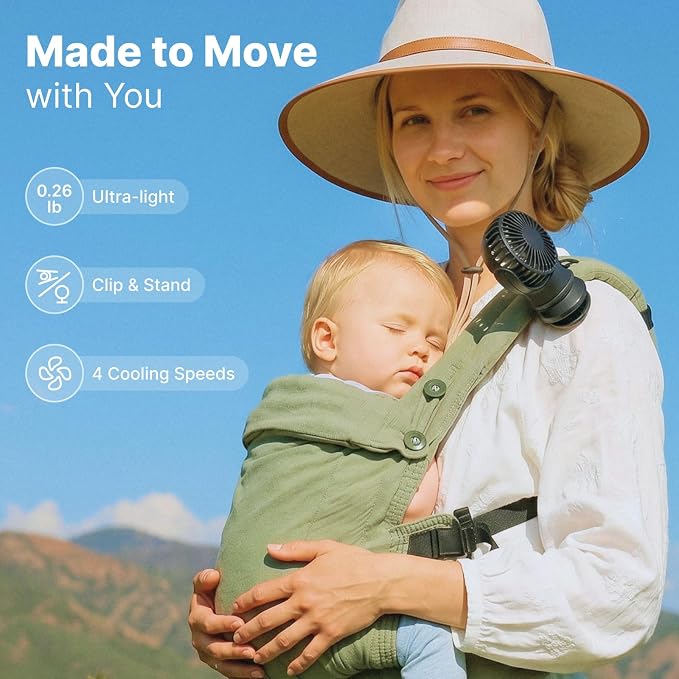 Momcozy Portable Stroller Fan with Clip, 4-Speed Mini Cooling Fan, 0.26 Lb | Ultra-Light Rechargeable Design, Gaps ≤ 4.5 mm, Rotating Handheld Cooling for Carriers, Backpacks and Tables - Image 2