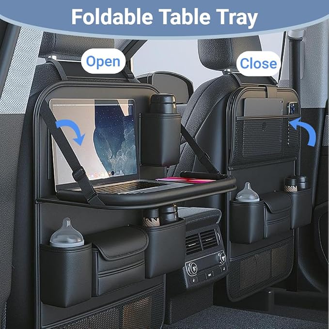 2 Pack Leather Car Backseat Organizer with Foldable Table Tray, Car Seat Back Protector Kick Mats with Tablet Holder, Travel Accessories Storage Organizer - Image 3