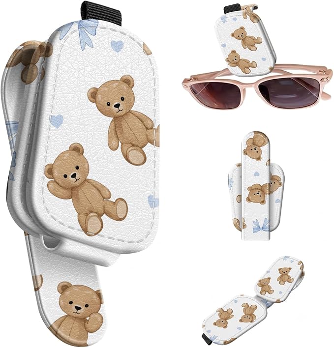Sunglasses Holder for Car Visor, PU Leather Glasses Clip Organizer, Cute Magnetic Eyeglass Holder for Vehicle Sun Visor, Car Interior Accessory for Women & Men, Bear Bows by Unknown