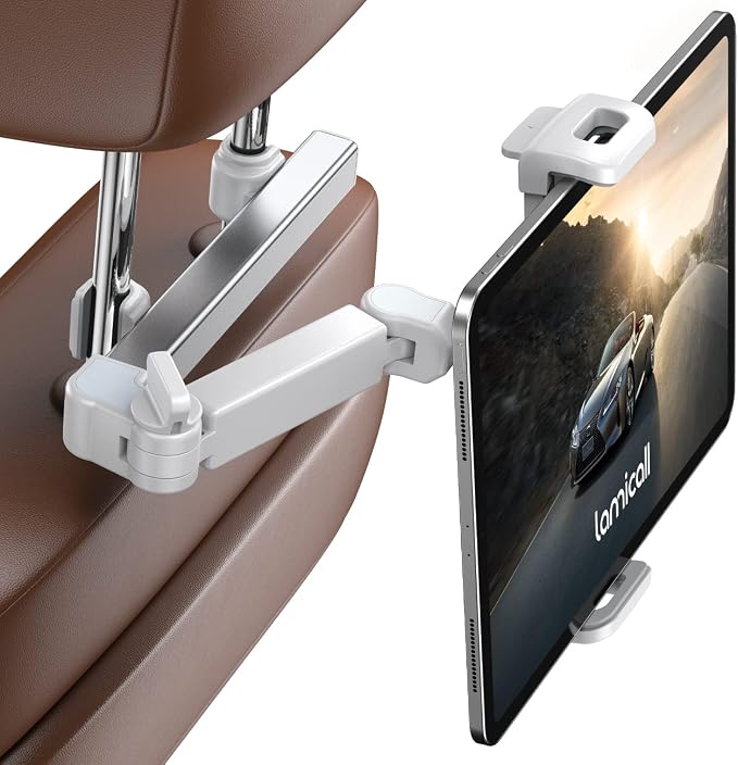 Lamicall Car Headrest Tablet Holder, 3 in 1 Extension Adjustable Arm | Tablet Car Mount for Back Seat, Road Trip Essentials for Kids, for 4.7-11" Devices, iPad Pro Air Mini, Galaxy, Fire HD, White by Lamicall