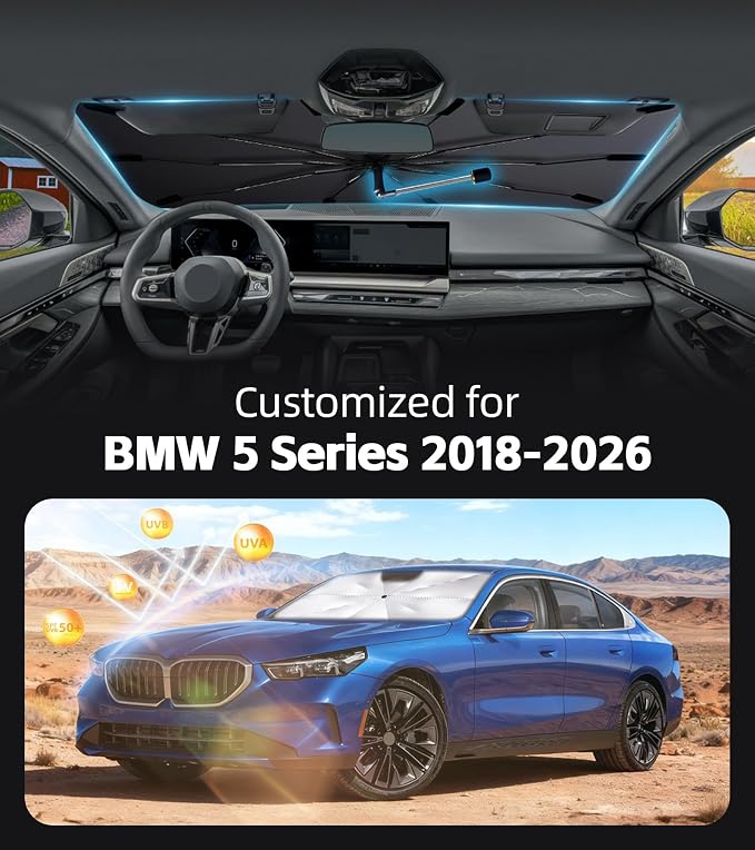 Windshield Sun Shade for BMW 5 Series 2018-2026 with 360° Rotating Shaft | Custom Fit Umbrella Sunshade for UV Blocking, Interior Heat Protection, Easy Storage, UPF 50+ Cool Windshield Cover - Image 2