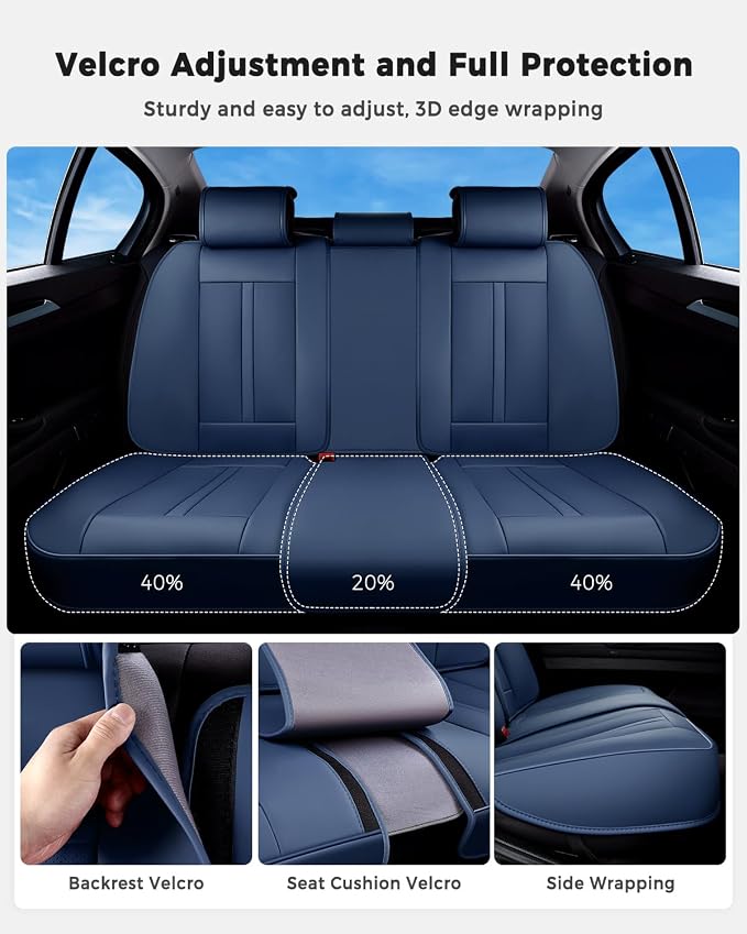 Huidasource Blue Back Seat Cover Luxury Nappa Leather, Rear Seat Cover with Velcro Adjustable, Ventilation Holes, Child Safety Seats, Back Seat Car Cover Universal Fit for Most Cars SUV Trucks, Blue - Image 8