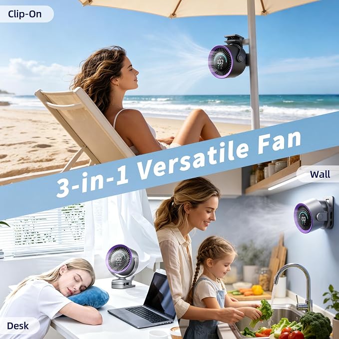 Portable Clip on Fan, Rechargeable USB Desk Fan with Turbo Airflow, 100 Speeds LED Display, 360° Rotation, Small Quiet Battery Powered Fan for Stroller Outdoor Travel Camping Golf Cart, Grey - Image 4