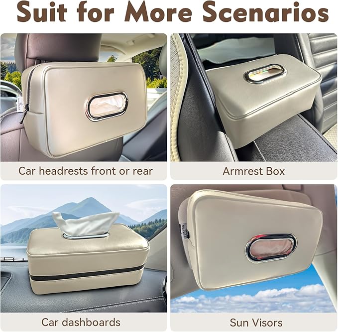 Noaman Upgraded Large Car Tissue Holder Premium PU Leather Tissues Box Cover Backseat Rectangular Napkin Holder for Car Fits for 120 Standard Kleenex Tissues Box for Car Organization Accessories Beige - Image 6