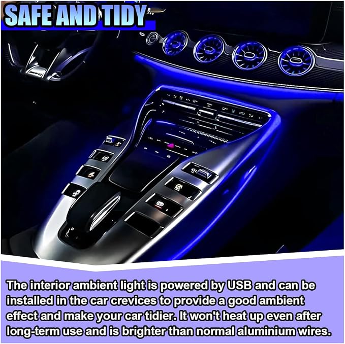 ZIMISI EL Wire Car Interior LED Strip Lights, Neon Light Strip (Blue) | 5V 16FT Car Ambient Lighting Decorations with Sewing Edge, USB Electroluminescent Car Interior Lights with Fuse Protection - Image 3