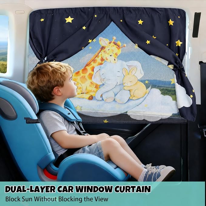 Car Window Shade for Baby, 2 Pack Magnetic Double Layer Car Sun Shade for Blackout/See Through Options, Woodland Starry Night Animals Design Baby Car Shade for Kids Heat/UV Protection - Image 3