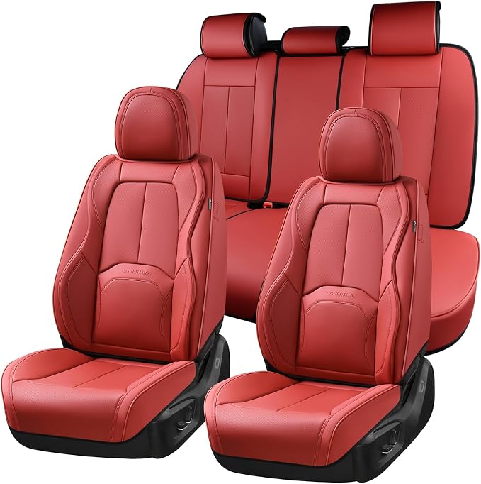 Coverado Car Seat Covers Full Set, Premium Nappa Leather Seat Covers for Car, Waterproof Car Seat Protector with Lumbar Support, Automotive Seat Covers Universal Fit for Most Cars SUV Truck, (Red) by COVERADOAUTO