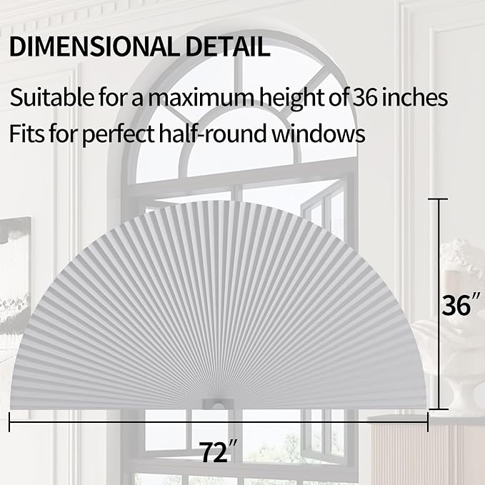 Myshade Arch Window Shades Half Circle Blackout Cellular Shades Cordless No Drill Blinds for Windows Half Moon Honeycomb Fabric No Tools Room Darkening Shades Easy Install (2PCS White 72" W X 36" H) - Image 3
