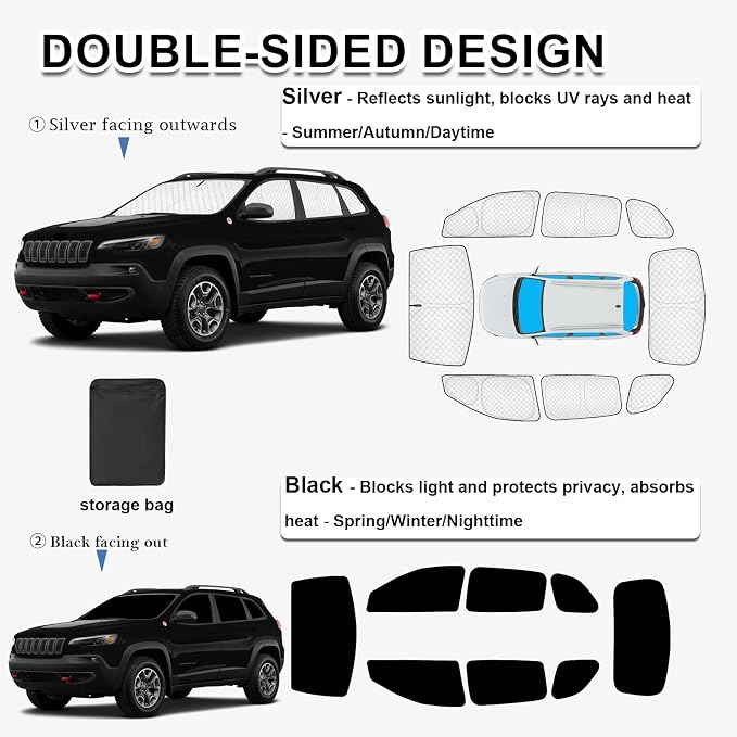 KMF 8pcs Sun Shades for Jeep Cherokee SUV 2014-2023 Accessories (NOT Grand Cherokee),Thicken Full Car Window Covers for Windshield Side Rear, UV Block and Privacy Blackout for Camping - Image 4