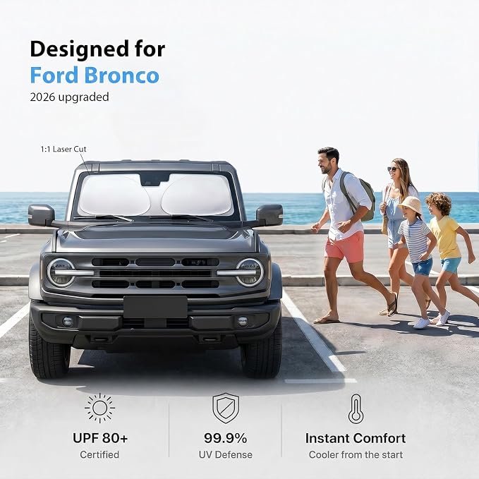 2026 Upgraded Windshield Sun Shade for Ford Bronco [Precision Custom Fit, Superior UV & Heat Block] Cooling Tech Fabric, Durable Foldable with Storage Bag, Fits 2021-2025 - Image 2
