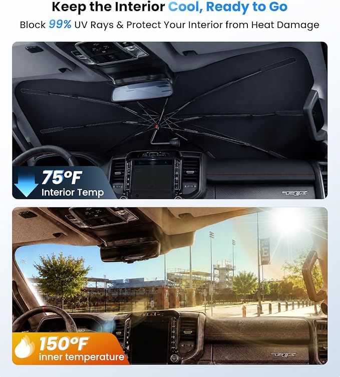 Zanch 2026 Upgraded Windshield Sun Shade Umbrella: Custom Fit for Dodge RAM 1500 2500 3500 2019-2026 Front Window Sunshade, Block UV Rays & Keep Car Cool, 1:1 Scan for RAM 1500, No Gaps & No Scratches - Image 3