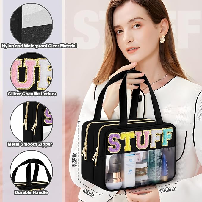 Clear Letter Makeup Bag, Black, L Size, Clear Bag | Large Capacity, Waterproof Easy Clean, Separate Wet Pocket, Holds Toiletries, Skincare, Sunscreen, Ideal for Beach, Travel - Image 5