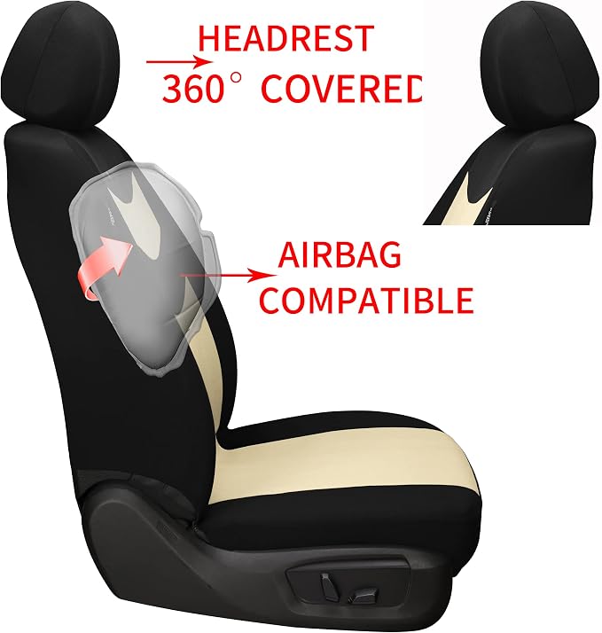 Universal Car Seat Covers for Front Seats, Cloth Front Car Seat Cover, Easy to Install, Breathable and Washable Universal Interior Covers for Auto, SUV, Sedan, Van, Airbag Compatible, Black & Beige - Image 6