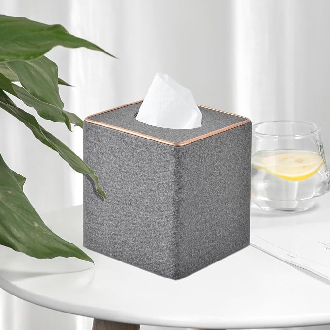 Linen Square Tissue Box Holder Cube Tissue Box Cover－Rosegold Leather Recorate,Napkin Holder Case Dispenser, Tissue Holders with Magnetic Bottom for Home Office Car Hotel Restaurant,Grey - Image 3