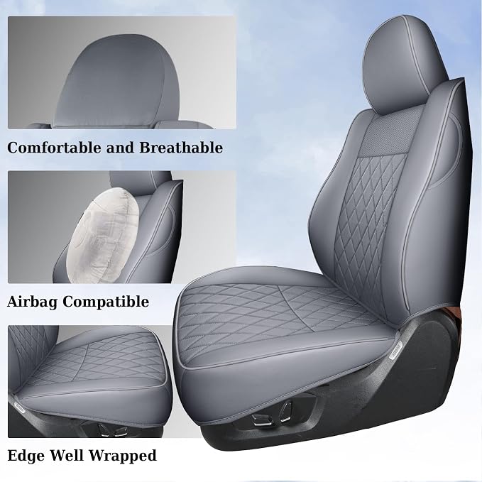 Coverado Tacoma Seat Covers Full Set, Faux Leather Seat Covers Custom Fit for 2005-2023 Toyota Tacoma Double/Crew Cab Base Prerunner SR5 Limited TRD Sport Interior Covers (Gray) - Image 7