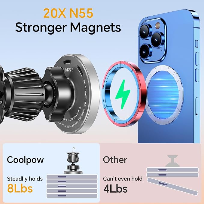 Coolpow for MagSafe Car Mount Charger【Ultra Magnet】 Magnetic Phone Holders for Your Car Charger【Windshield+Vent+Dash】 Magnetic Wireless Car Phone Holder Charger Car Mount for iPhone 17 (Gray) - Image 5