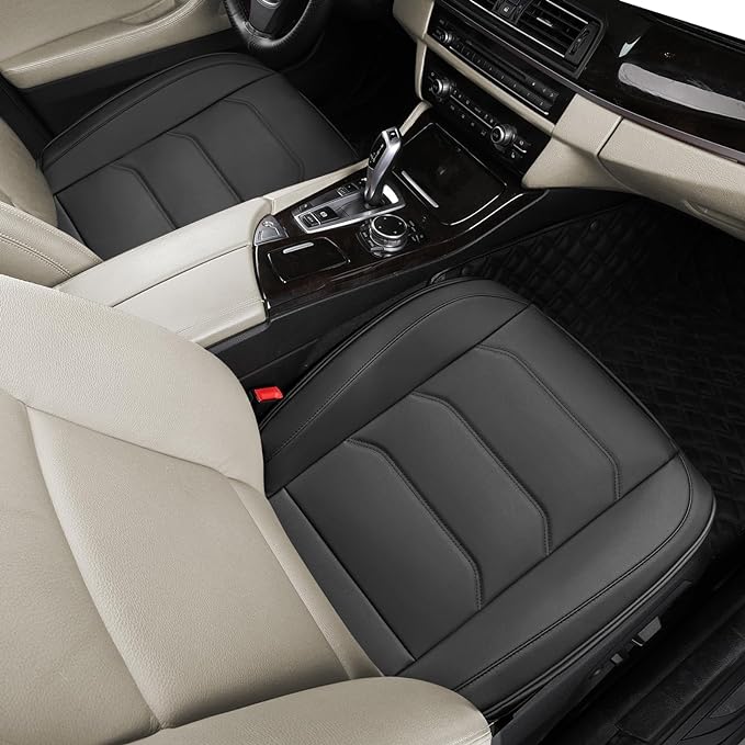 BOPUOVRE Car Seat Cover for Luxury & Comfort PU Leather | Anti Slip Full Wrap Protection Storage Pocket Bottom Cushion Universal Fit 95% Vehicles Black 2 Piece - Image 4