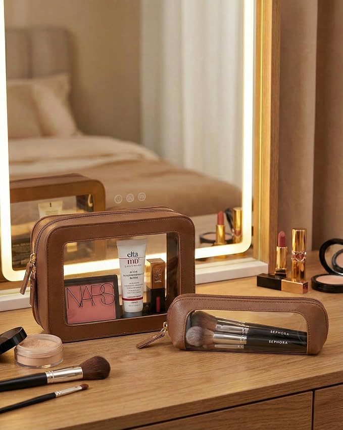 Clear Makeup Bag Set of 2 - Travel Toiletry Organizer for Women, Waterproof Cosmetic Pouch & Car Accessory for Travel Size Pencil Case Pouch Car Organizer and Storage (2Pack-Standard&Slim, Brown) - Image 3