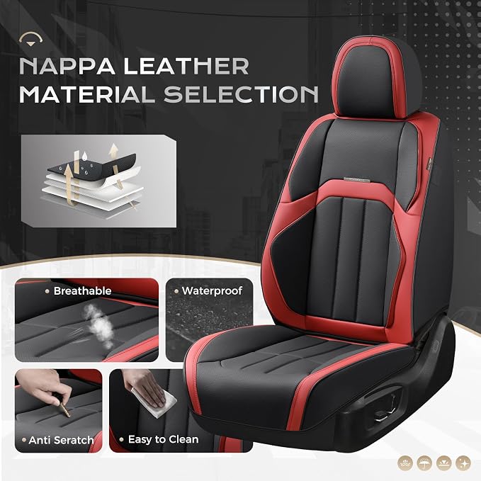 Coverado Car Seat Cover, Cover for Cars Front Seat, Premium Leather, Universal Fit Waterproof Seat Protectors, Car Seat Cushion Non-Slip for Most Cars-Black Red - Image 2