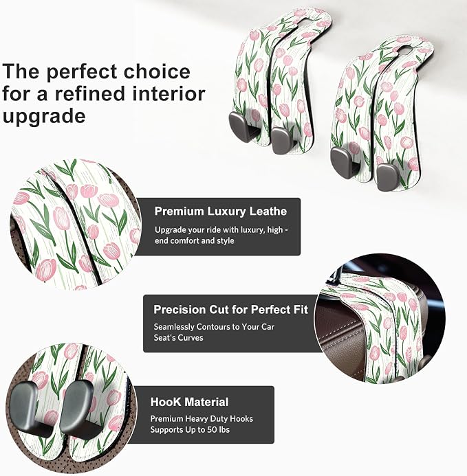 CoBak Purse Hook for Car - Universal Premium Stitched Leather and Aluminum-Magnesium Alloy Double Car Seat Back Storage Hook for Purses, Handbags, Bags (2 Pack),Tulip - Image 2