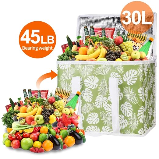 Bodaon 2-Pack Insulated Reusable Grocery Shopping Bags, X-Large Picnic Cooler Bag with Zipper Zippered Top Cold, Green-Leaf | Secure Zippered Top Warmer, Heavy Duty Insulated Food Delivery Bag, For Commercial Catering Rideshare Driver/Picnic, Foldable - Image 4