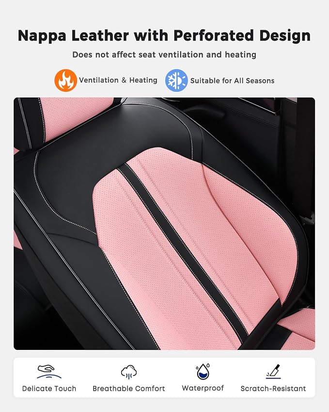 Huidasource Seat Covers Full Set, Luxury Faux Leather Seat Covers, Velcro Adjustable, with Airbags, Thinning Design Perforation Cooling＆Heating Universal Fit for Most Cars Vans Trucks SUVs, Black&Pink - Image 6