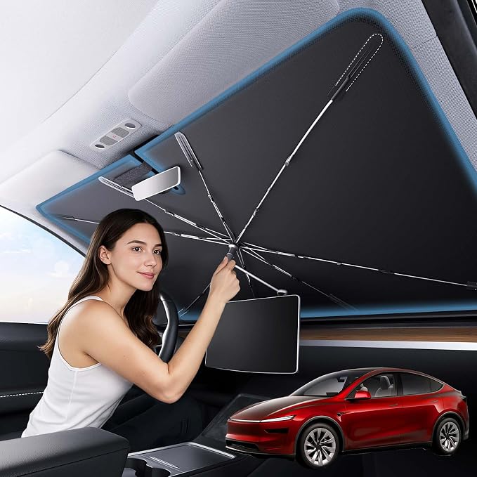 Zanch Upgrade Windshield Sun Shade, Custom Fit for Tesla Mode Y 2017-2026 [Titanium-Silver Reflective Coating] Blocks 99% UV & Heat, Sunshade Umbrella for Model Y 2017 ... 2024 2025 2026 by Zanch